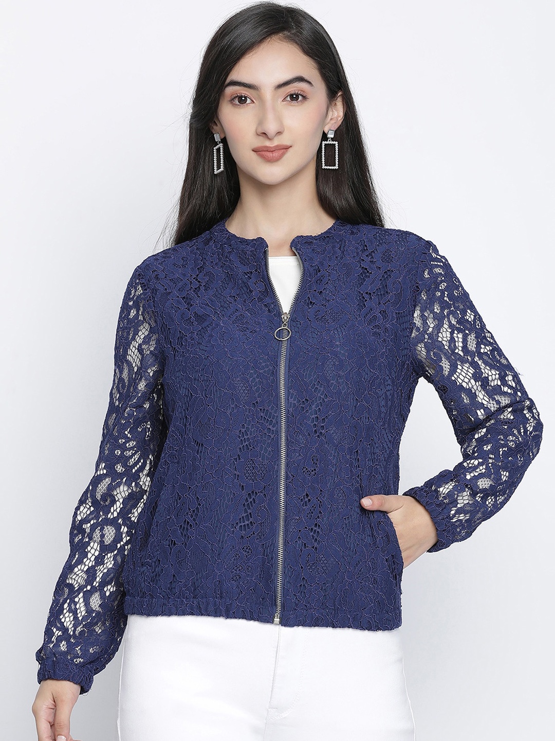 

Oxolloxo Women Navy Blue Floral Lightweight Tailored Jacket with Embroidered