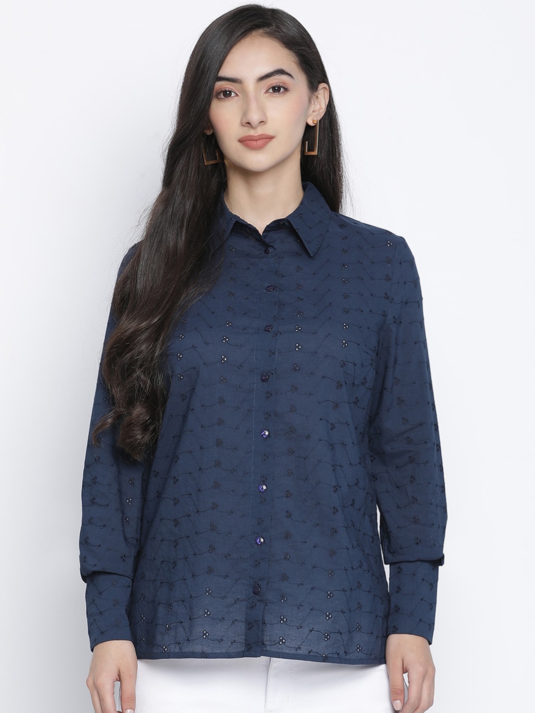 

Oxolloxo Women Navy Blue Opaque Casual Shirt