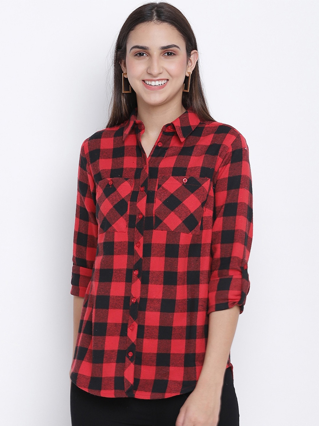 

Oxolloxo Women Red Buffalo Checks Opaque Checked Casual Shirt