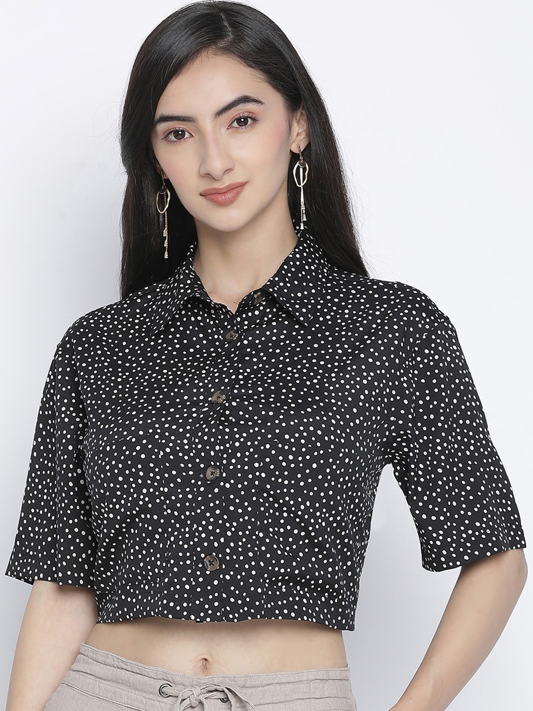 

Oxolloxo Women Black Polka Dot Opaque Printed Party Shirt