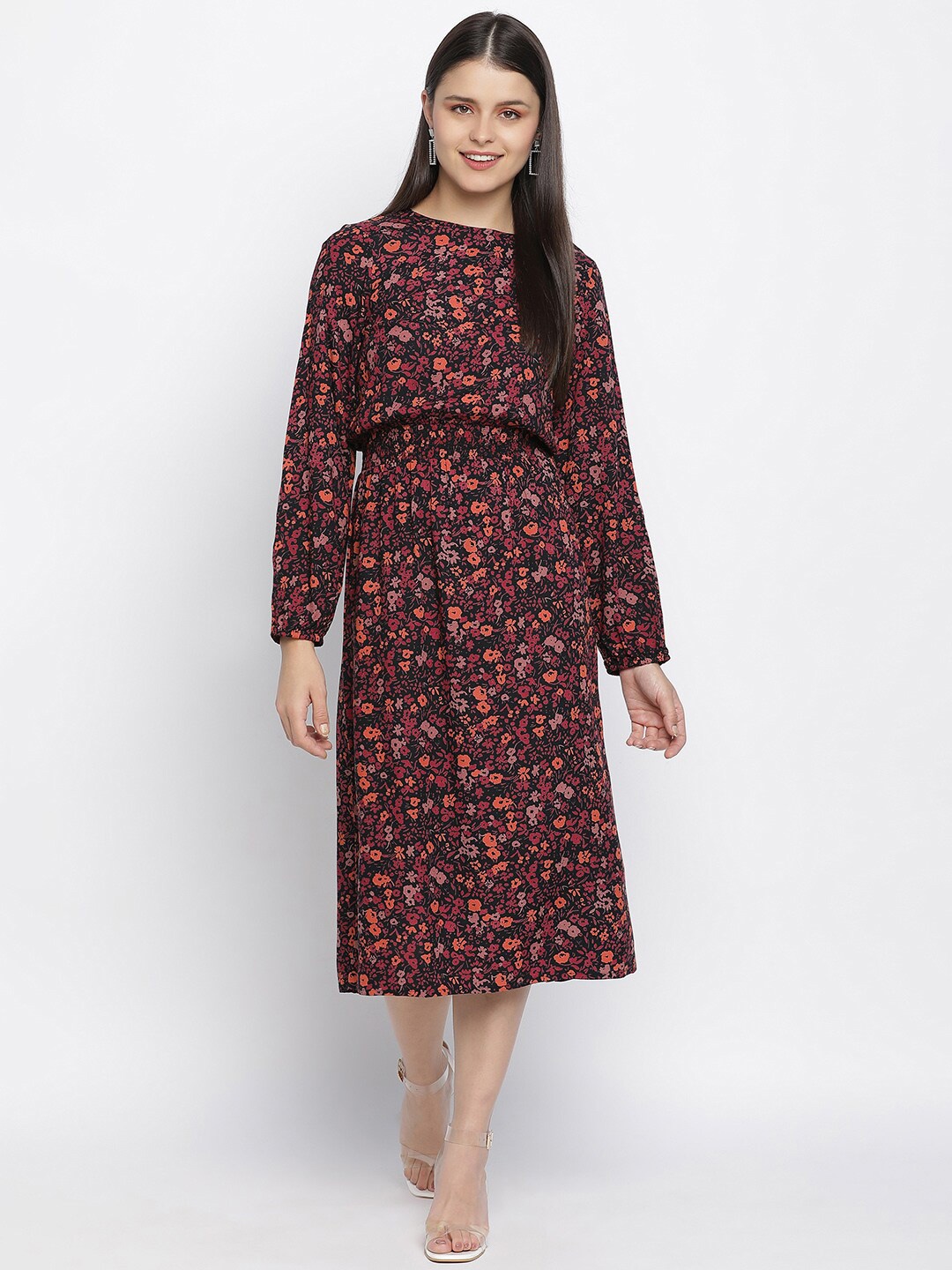 

Oxolloxo Maroon & Coral Floral Crepe Midi Dress