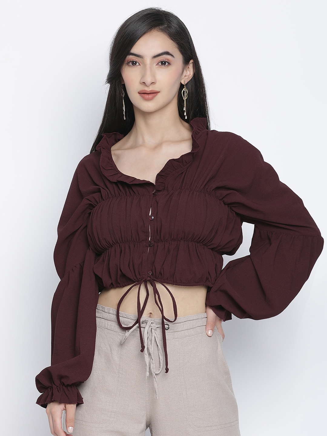 

Oxolloxo Burgundy Solid Bardot Crop Top