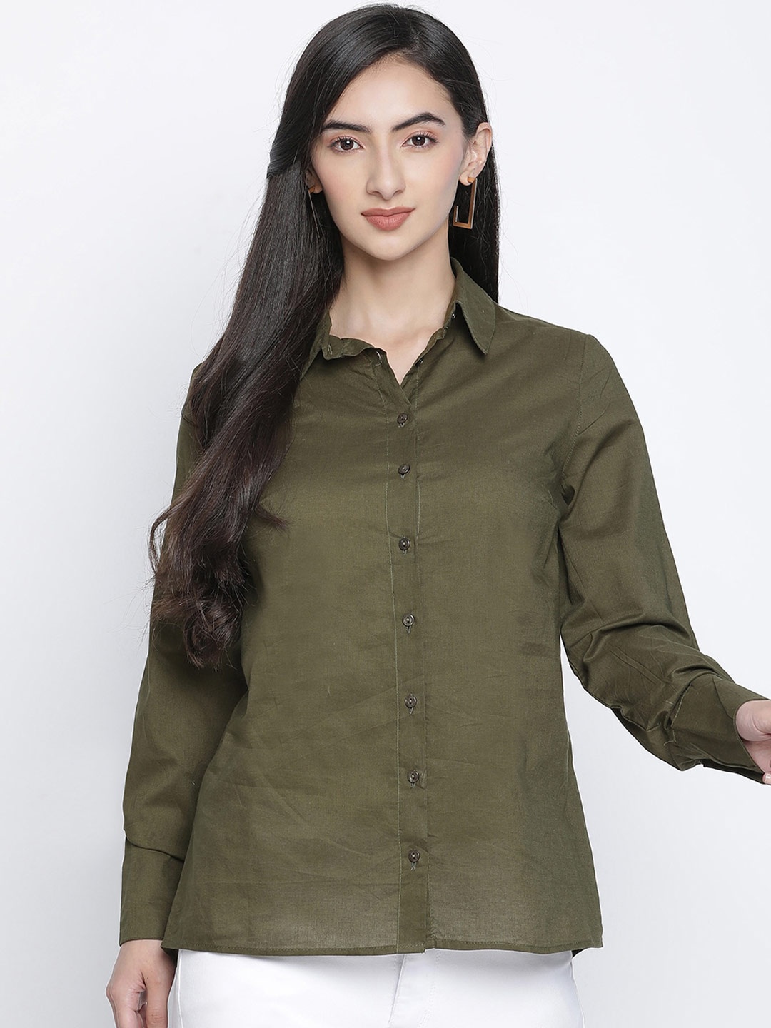 

Oxolloxo Women Olive Green Opaque Cotton Casual Shirt