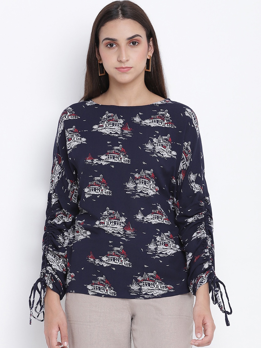 

Oxolloxo Navy Blue Printed Crepe Regular Top