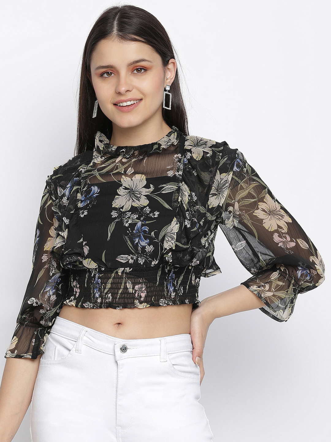 

Oxolloxo Black & Taupe Floral Regular Crop Top