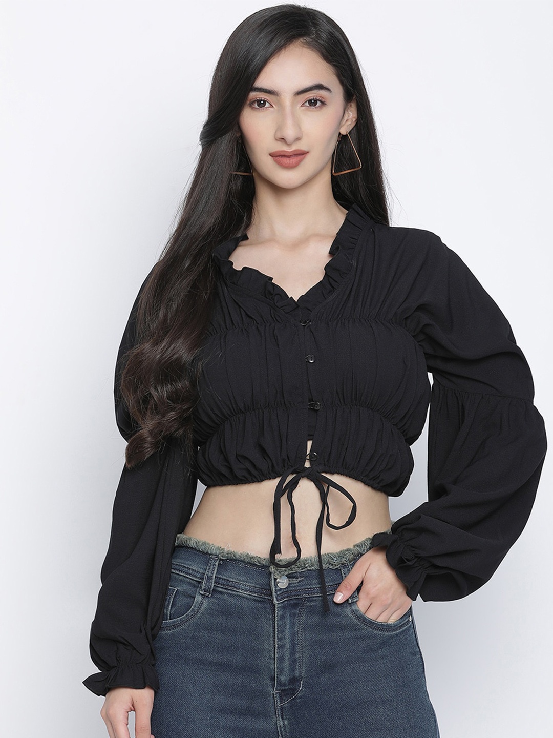 

Oxolloxo Black Elasticated Blouson Crop Top