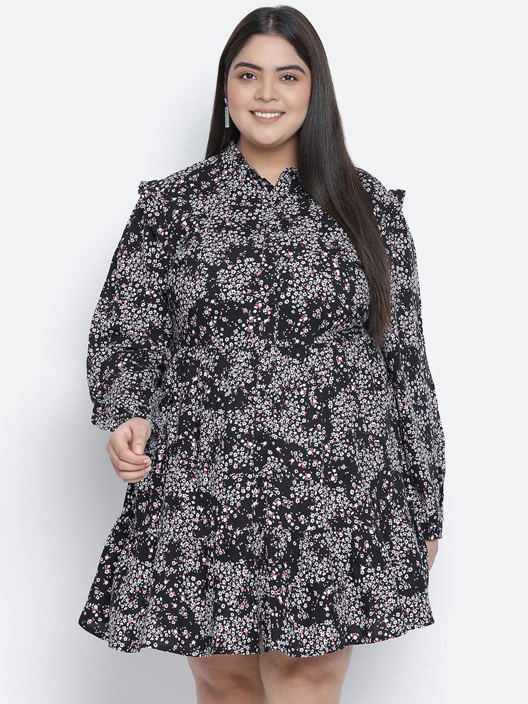 

Oxolloxo Black Floral Crepe Shirt Dress