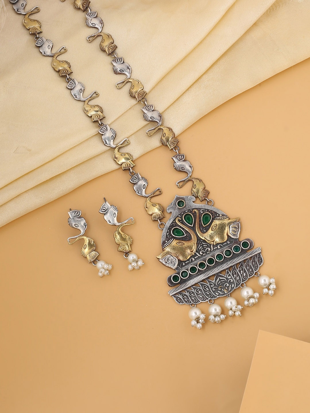 

VIRAASI Women Gold-Plated Green Stone-Studded Elephant Design Jewellery Set