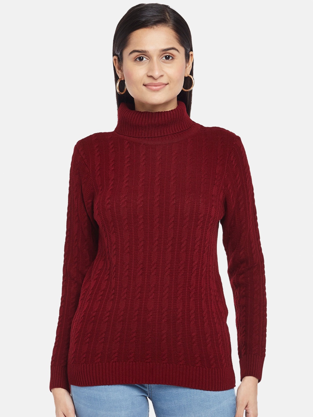 

Honey by Pantaloons Women Maroon Turtle Neck Cable Knit Pullover
