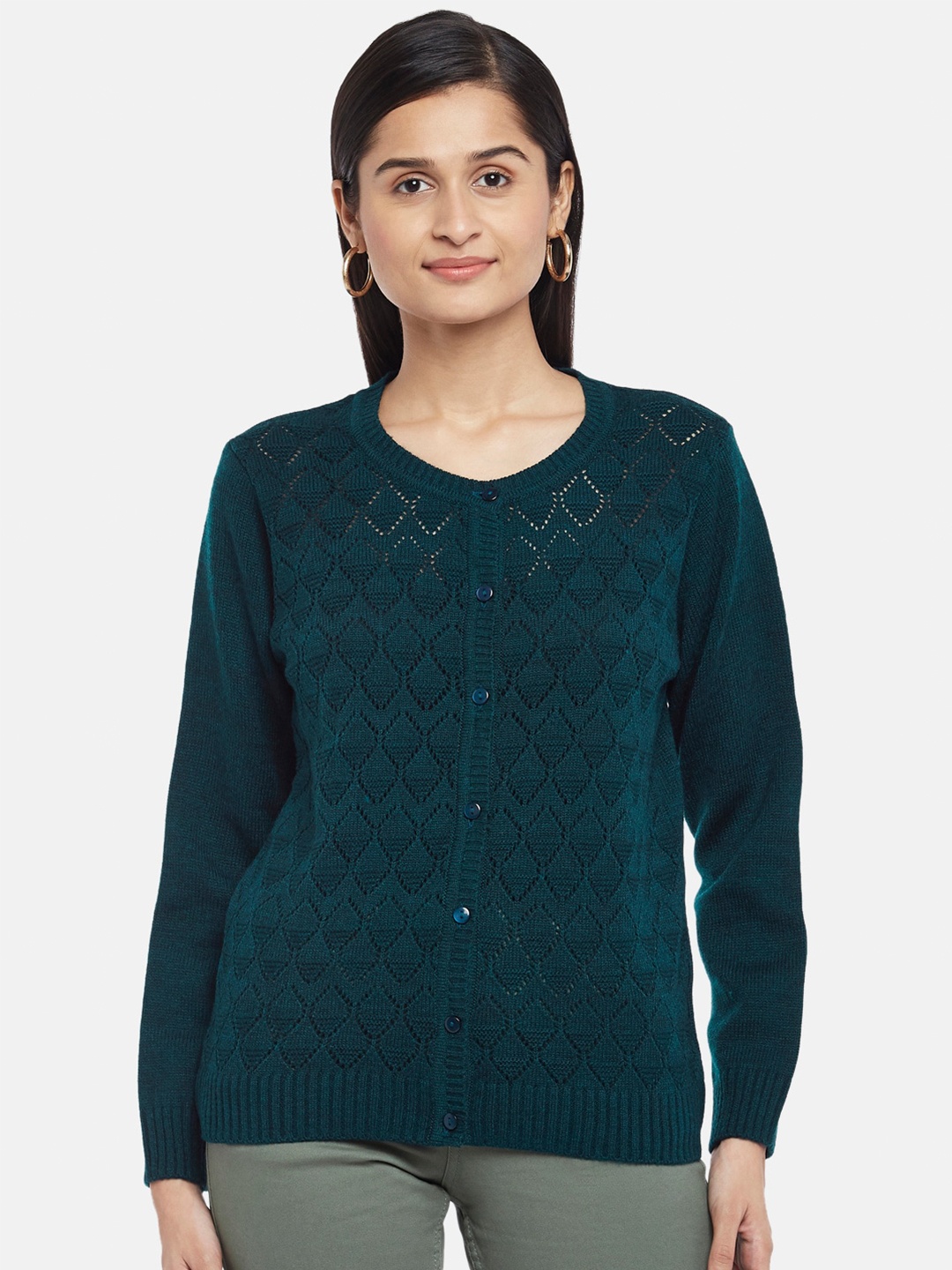 

Honey by Pantaloons Women Teal Ribbed Acrylic Cardigan