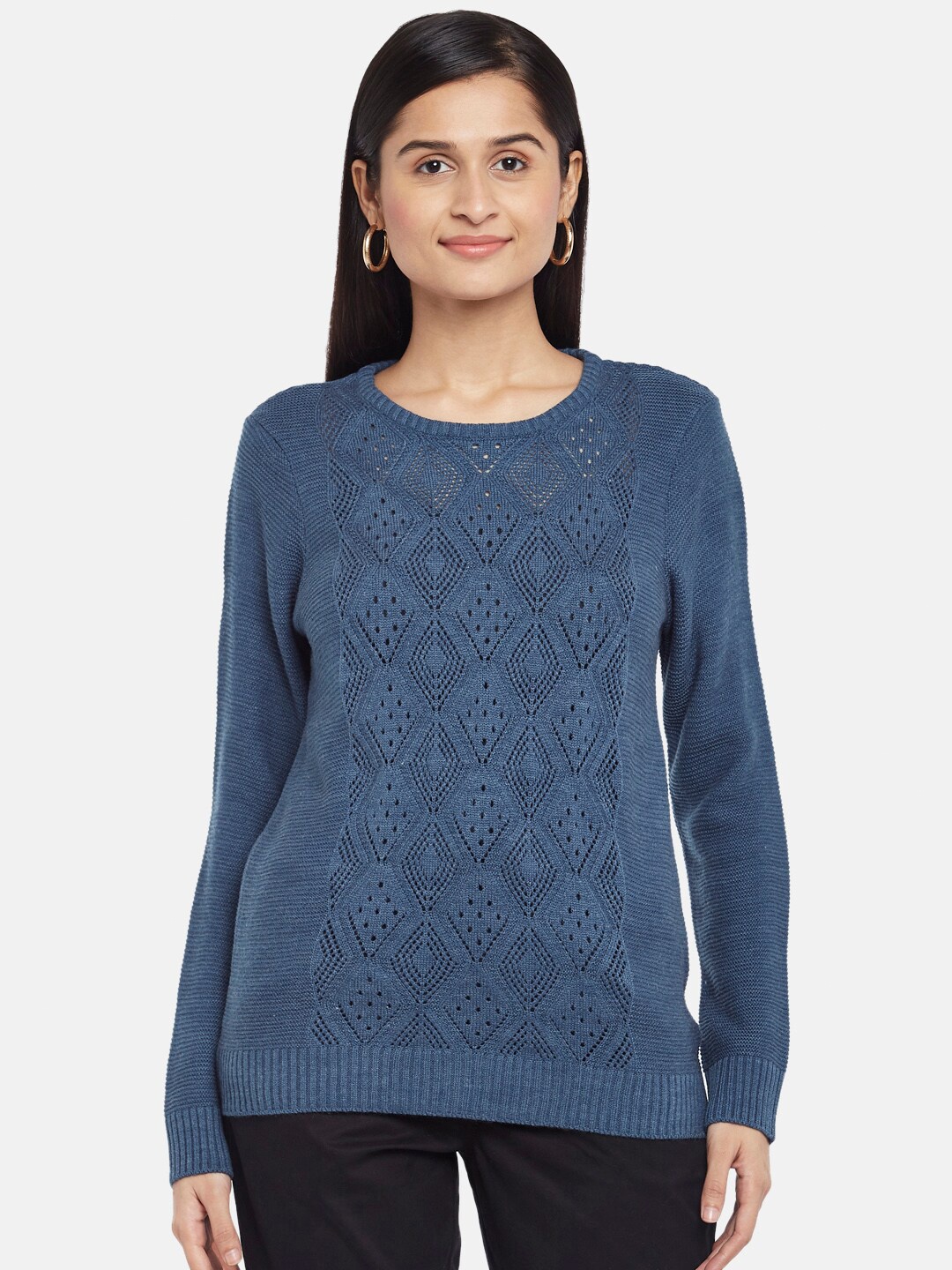 

Honey by Pantaloons Women Blue Open Knit Pure Acrylic Pullover Sweater
