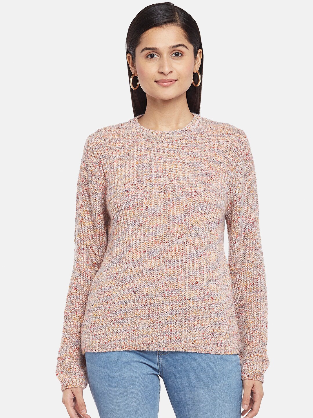 

People Women Pink & Red Solid Acrylic Round Neck Pullover
