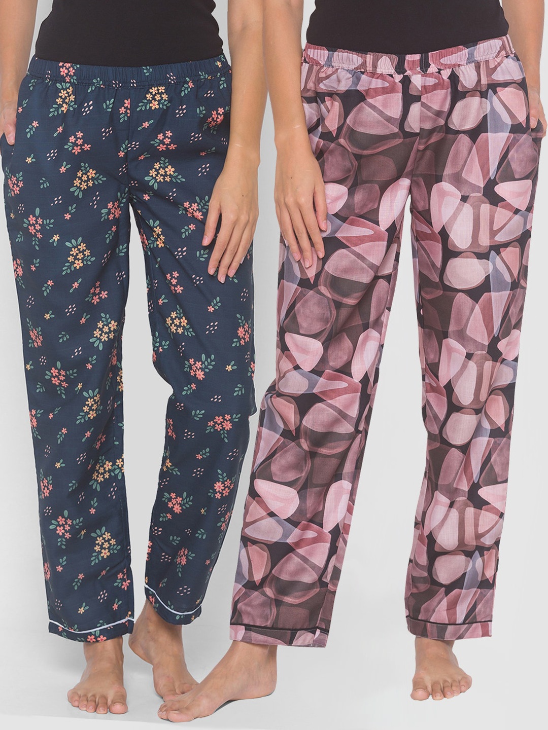 

FashionRack Women Pack of 2 Black & Navy Blue Printed Cotton Lounge Pants