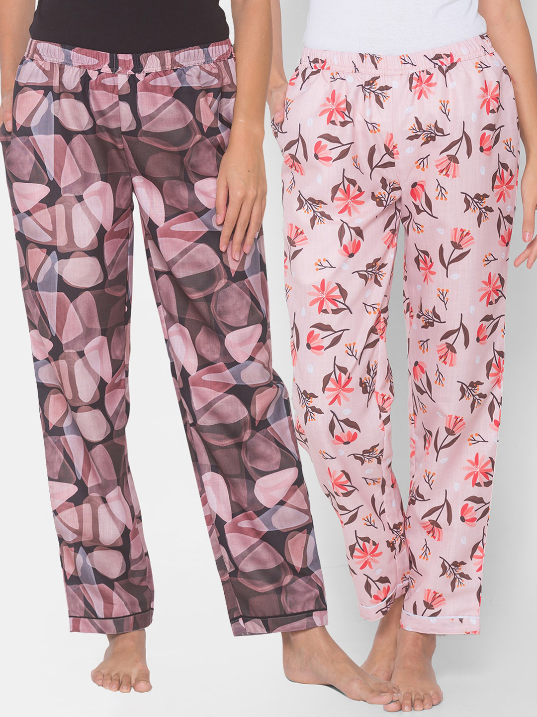

FashionRack Women Pack of 2 Black & Pink Cotton Printed Lounge Pants