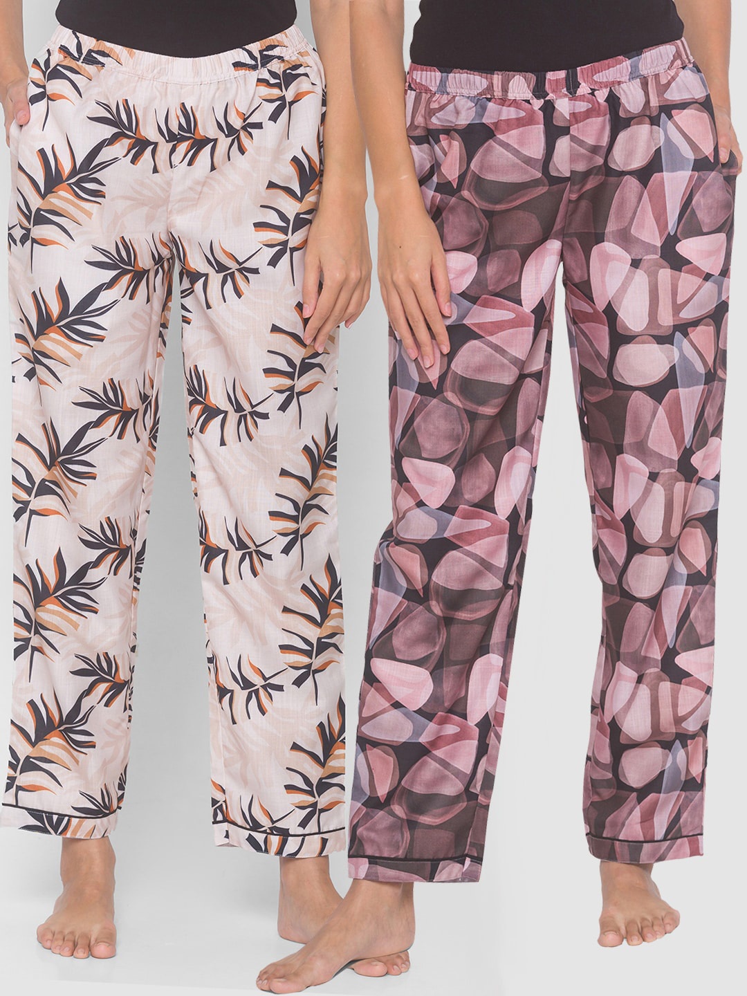 

FashionRack Women Pack of 2 Black & Beige Printed Lounge Pants