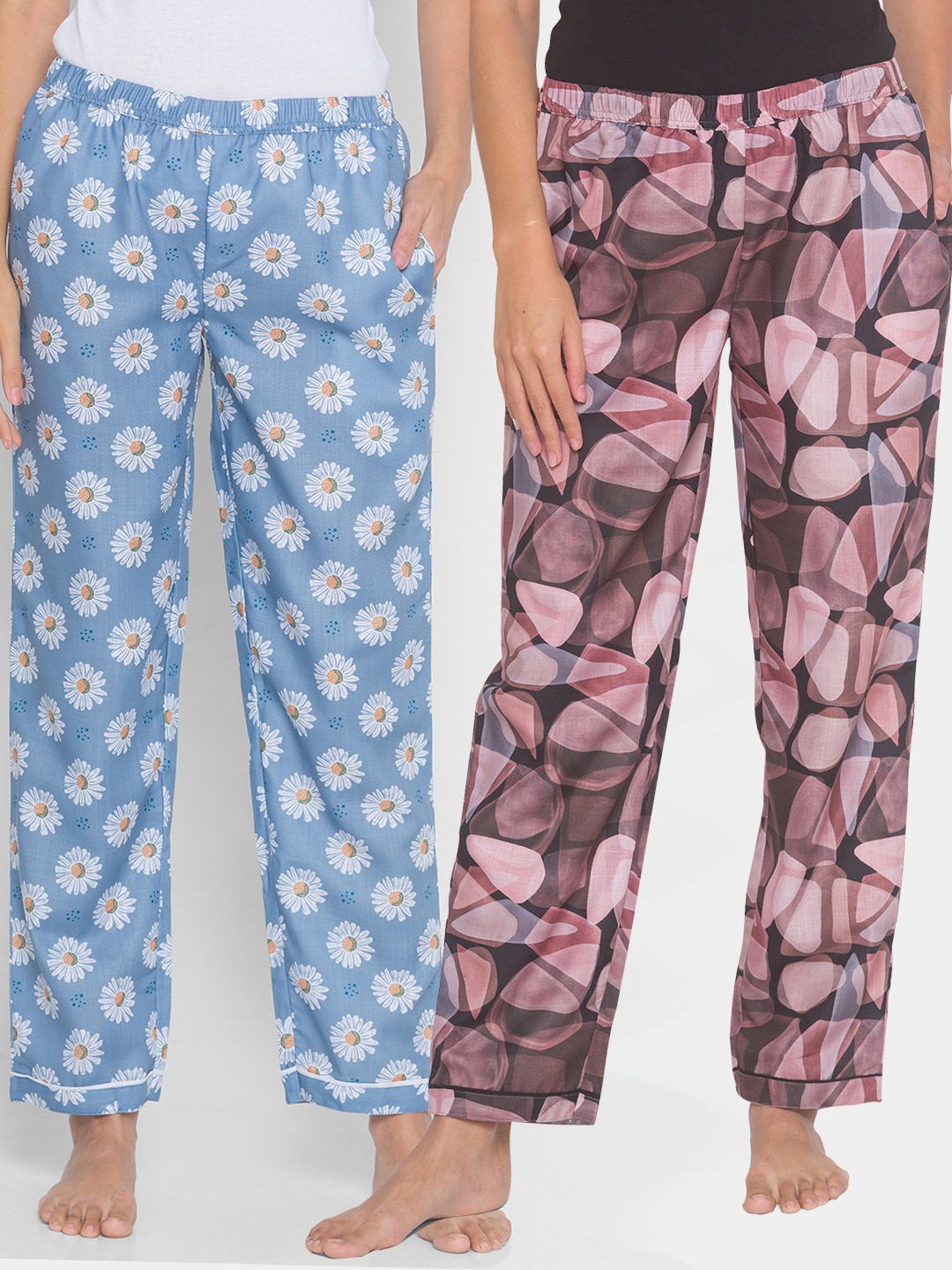 

FashionRack Women Black & Blue Pack of 2 Printed Cotton Lounge Pants