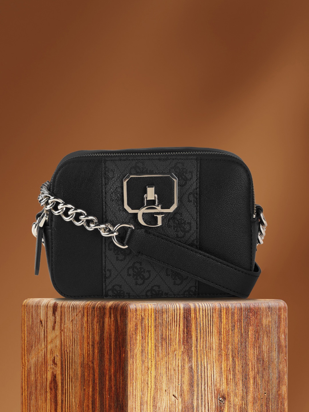 

GUESS Black & Grey Brand Logo Print PU Structured Sling Bag