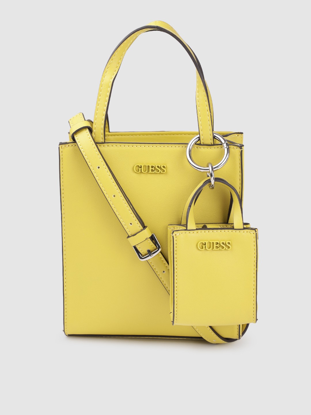 

GUESS Yellow Solid Structured Handheld Bag with Pouch