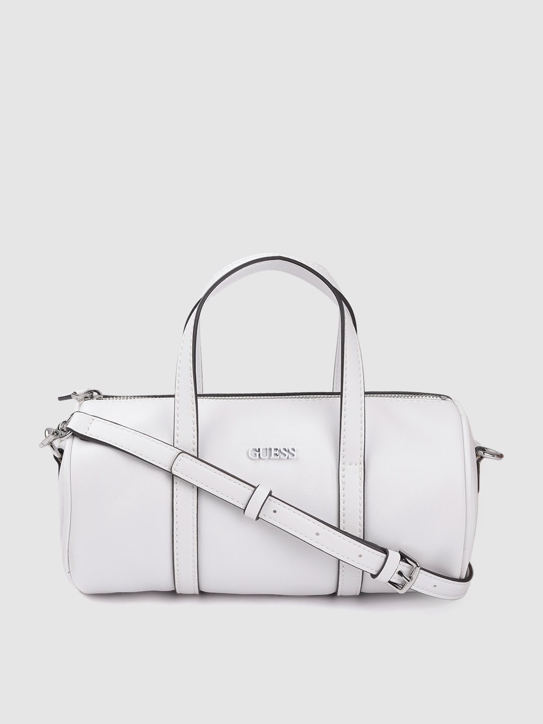 

GUESS White Solid Bowling Handheld Bag with Detachable Sling Strap & Pouch