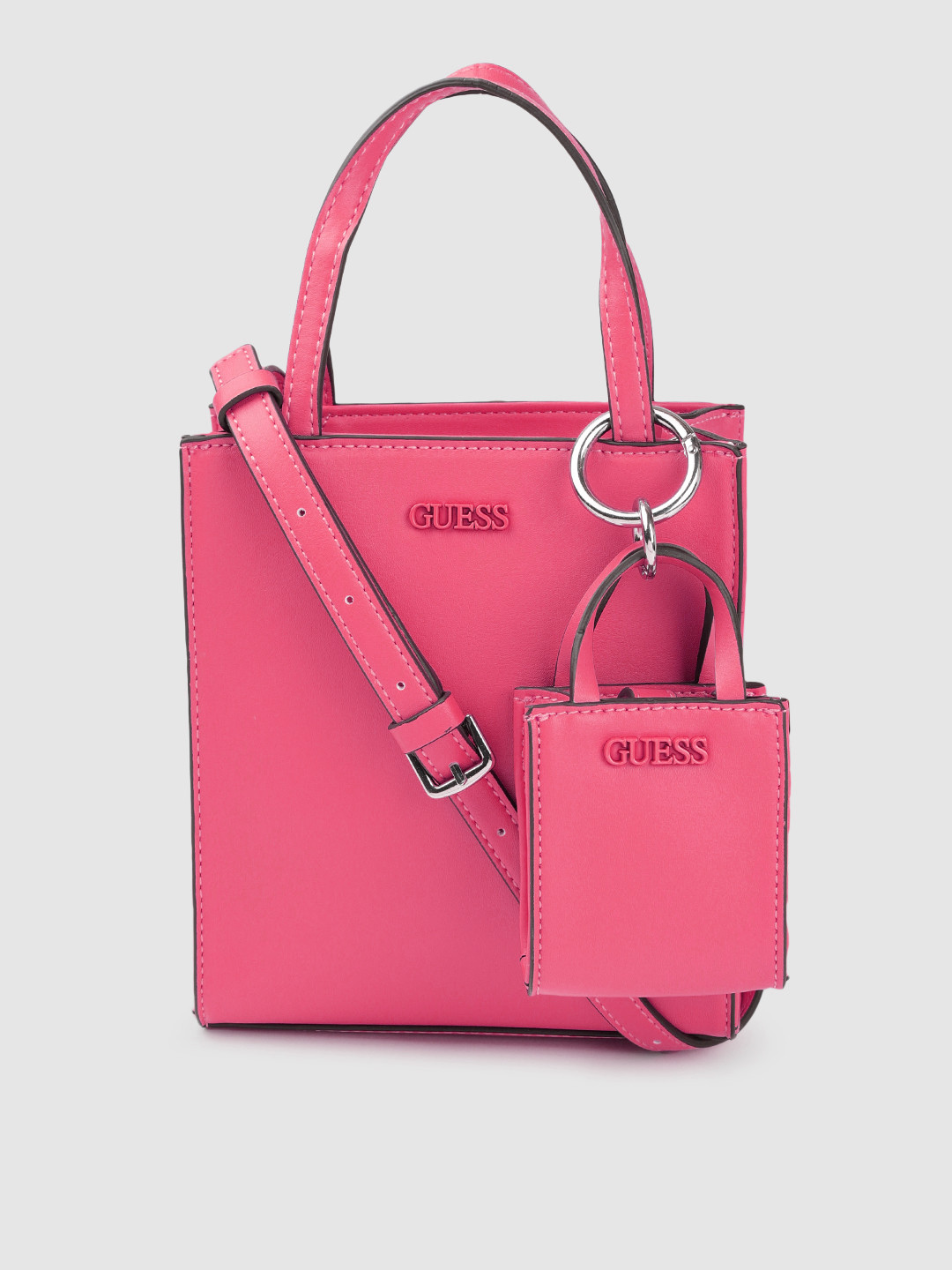 

GUESS Pink Solid Structured Handheld Bag with Pouch