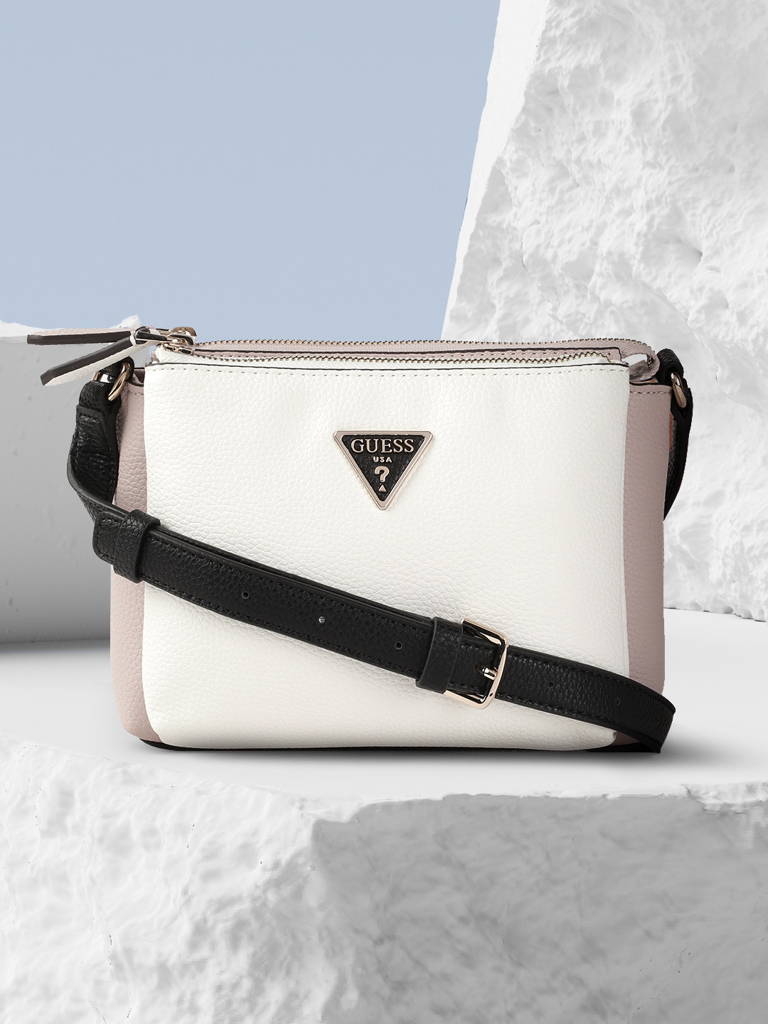 

GUESS White & Beige Colourblocked Structured Sling Bag