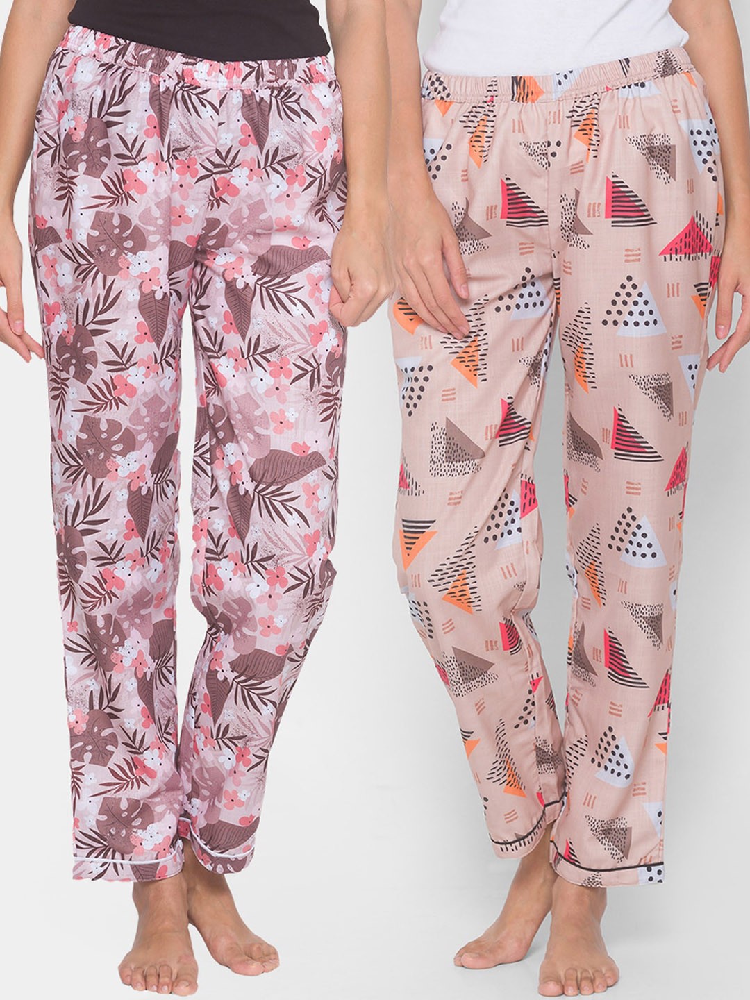 

FashionRack Women Pack of 2 Beige Cotton Printed Lounge Pants