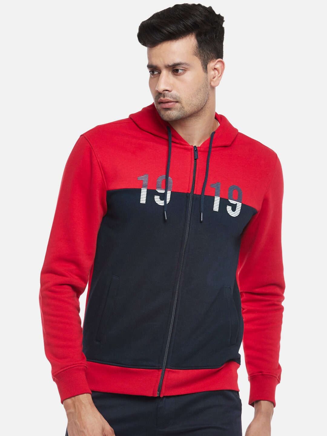 

BYFORD by Pantaloons Men Red & Navy Blue Colourblocked Alphanumeric Hooded Sweatshirt