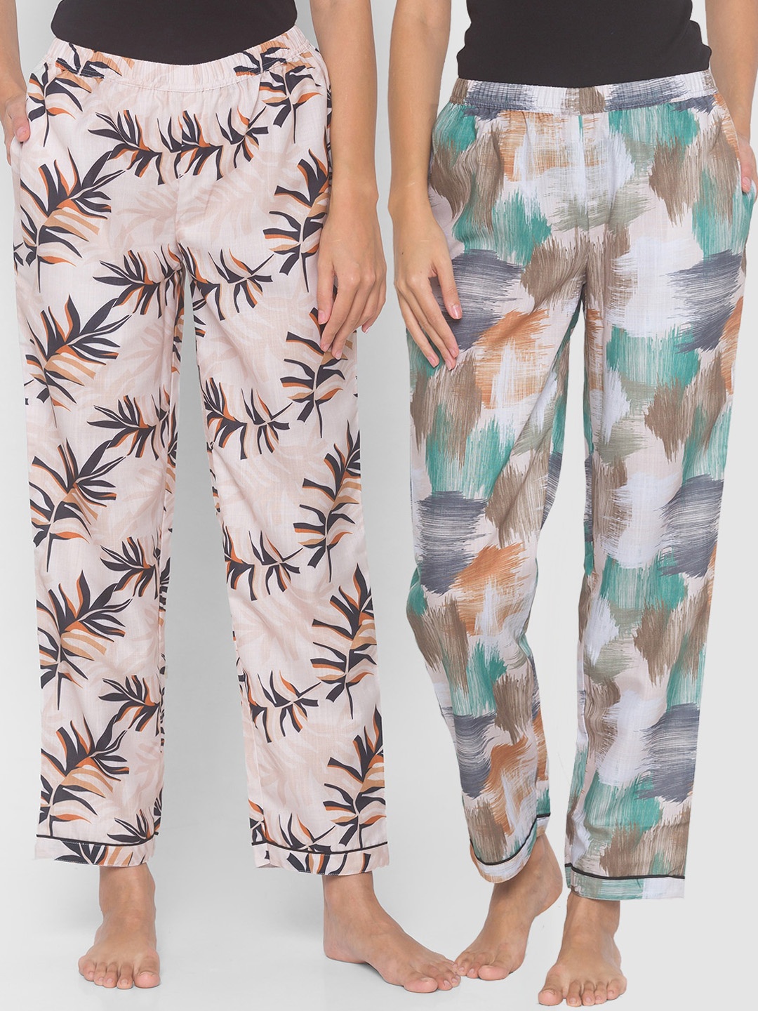 

FashionRack Women Pack of 2 Beige & Green Printed Lounge Pants