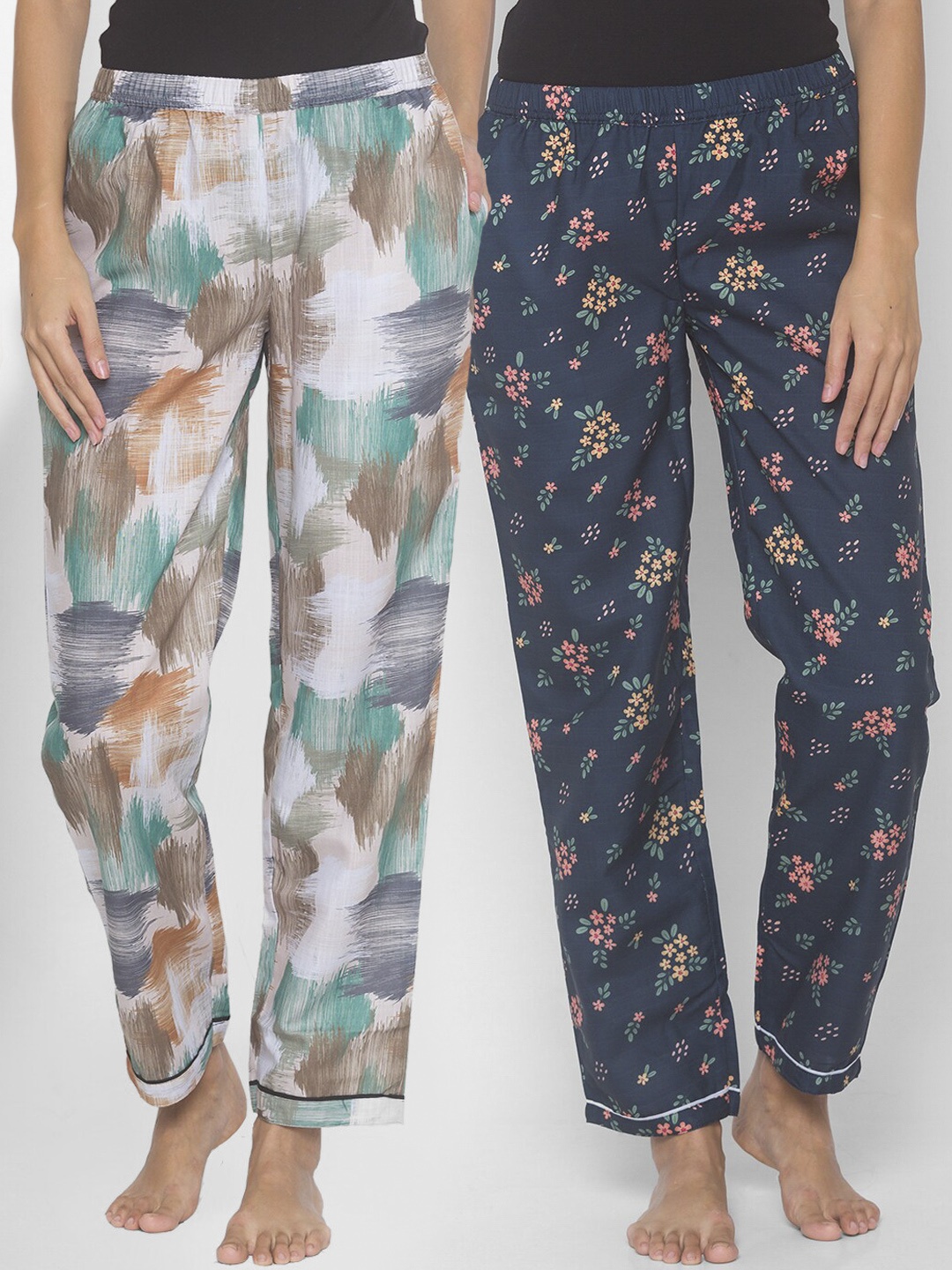 

FashionRack Women Pack of 2 Beige & Navy Blue Cotton Printed Lounge Pants