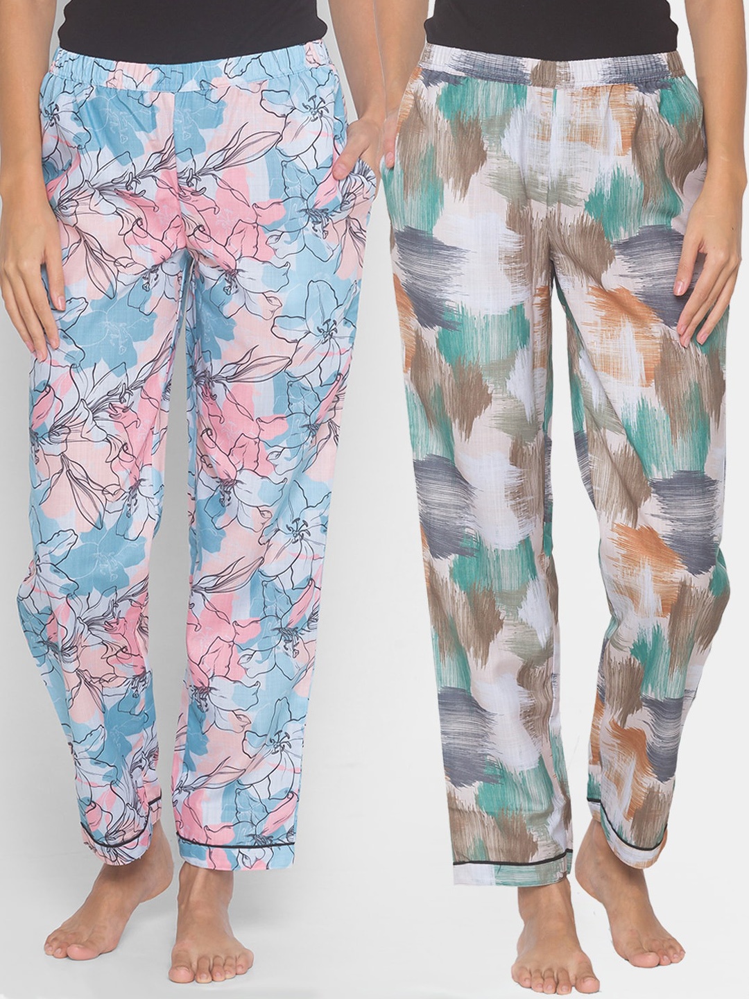 

FashionRack Women Pack of 2 Beige & Blue Cotton Printed Lounge Pants