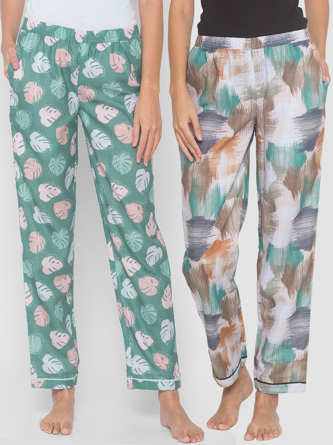 

FashionRack Women Beige & Green Pack of 2 Printed Cotton Lounge Pants