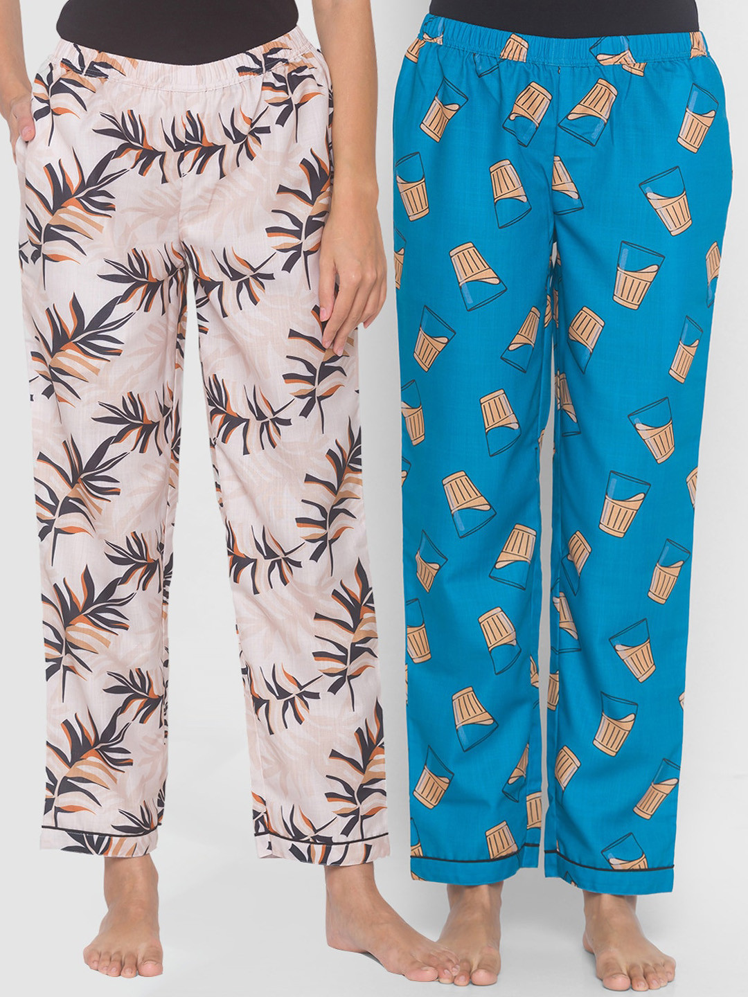 

FashionRack Women Set of 2 Printed Cotton Lounge Pants, Beige