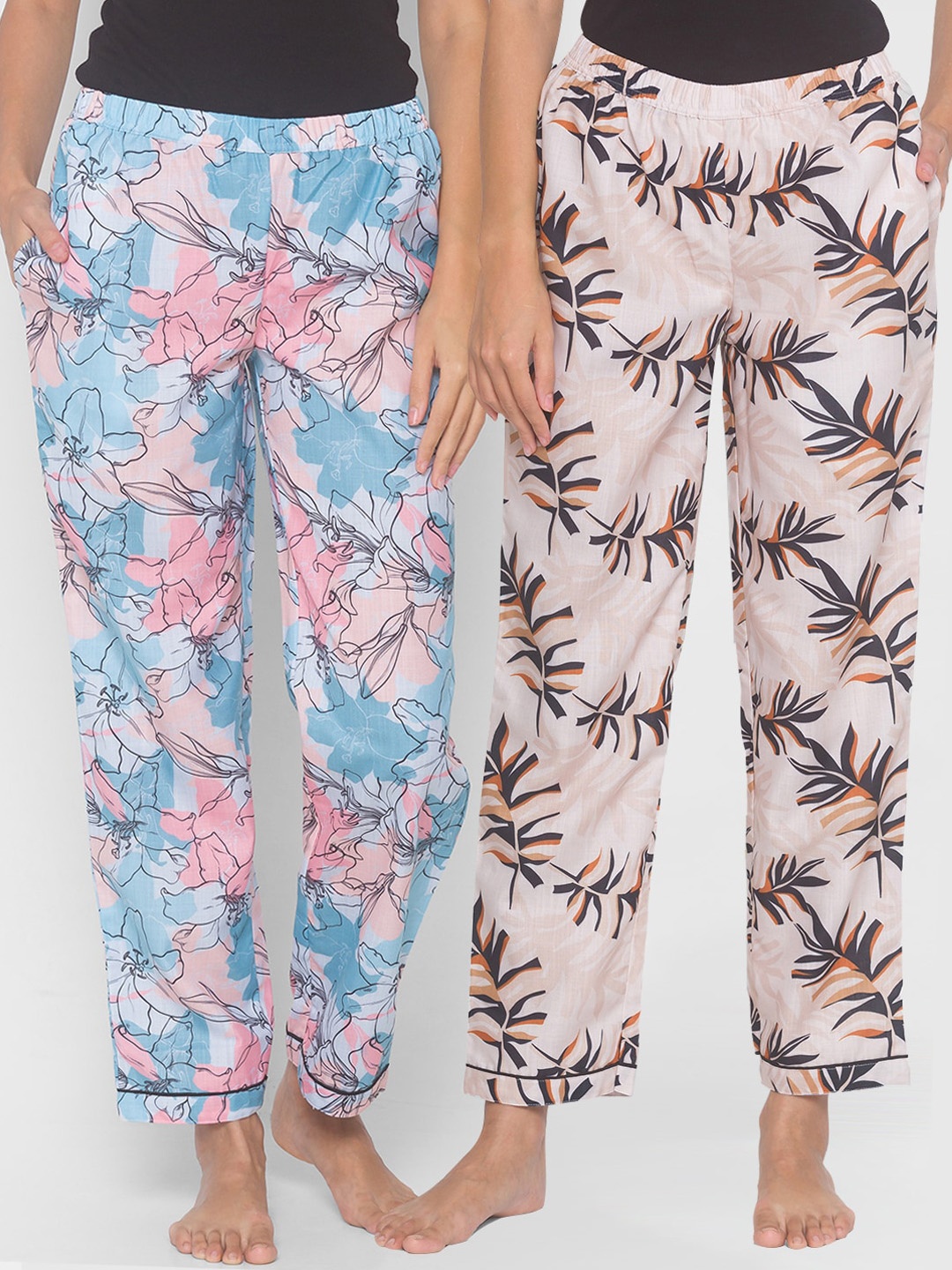 

FashionRack Women Beige & Blue Pack of 2 Cotton Printed Lounge Pants