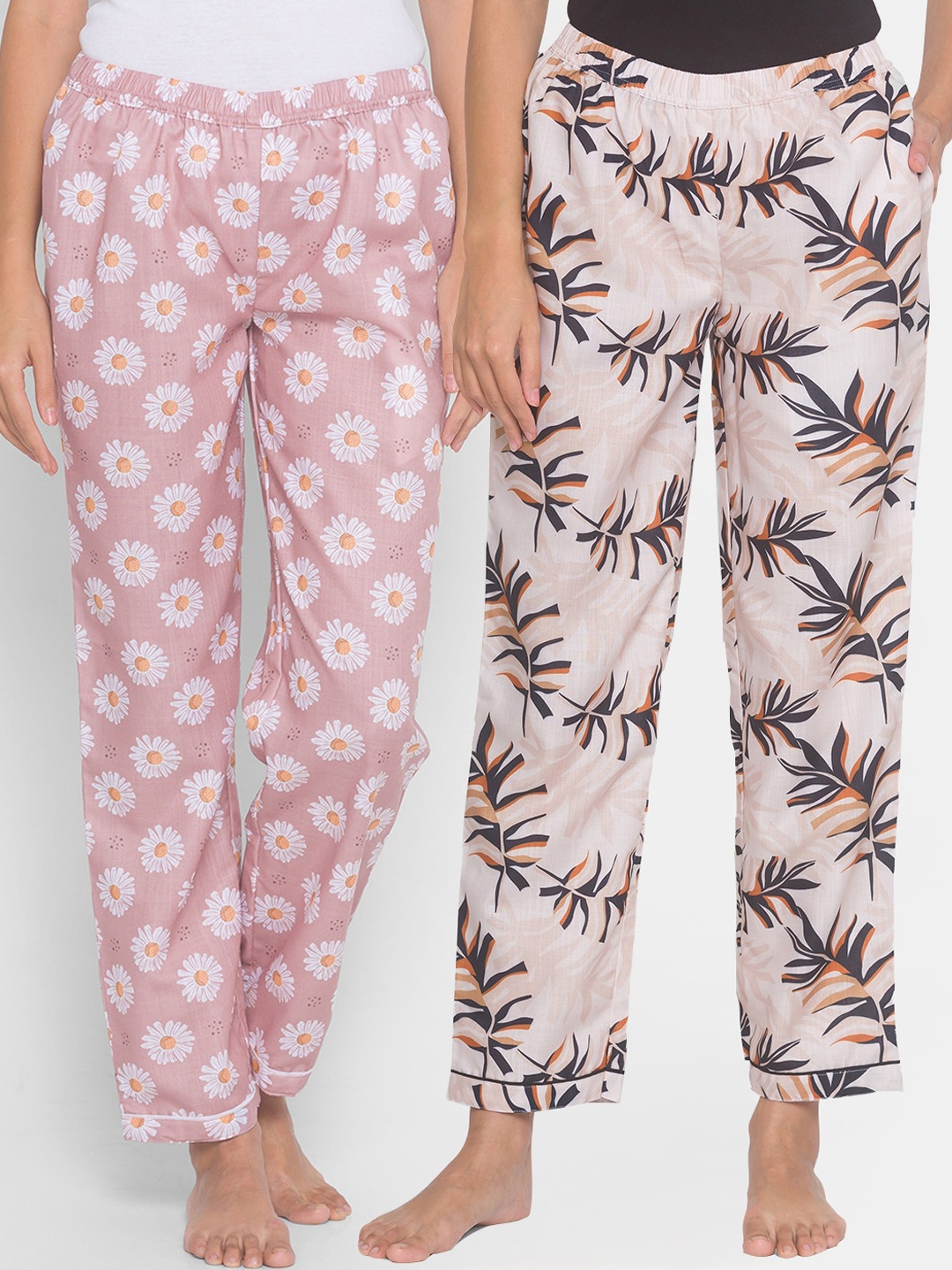 

FashionRack Women Pack of 2 Beige & Pink Printed Lounge Pants