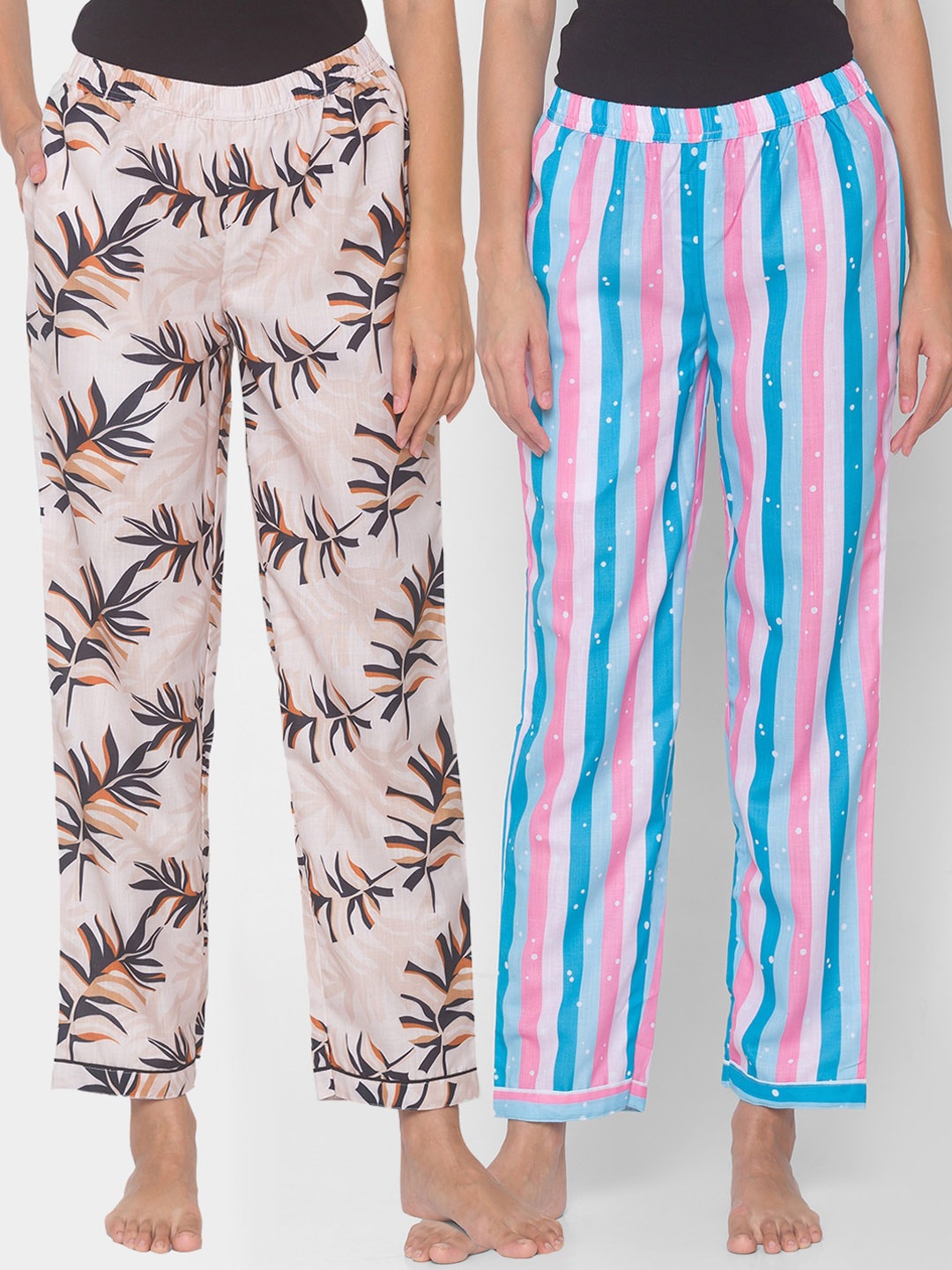 

FashionRack Women Pack of 2 Beige & Blue Printed Lounge Pants