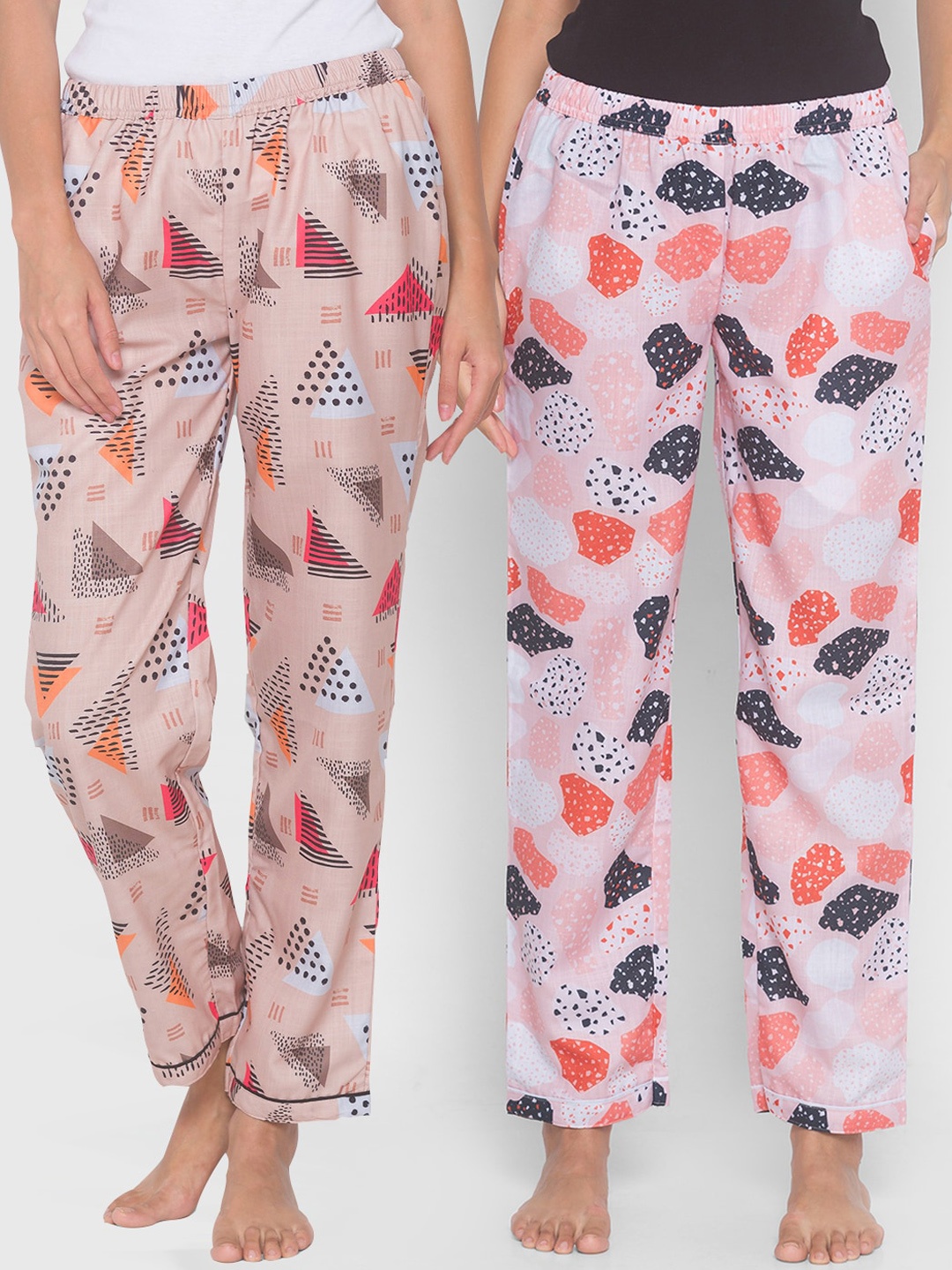 

FashionRack Women Pack of 2 Beige & Pink Cotton Printed Lounge Pants