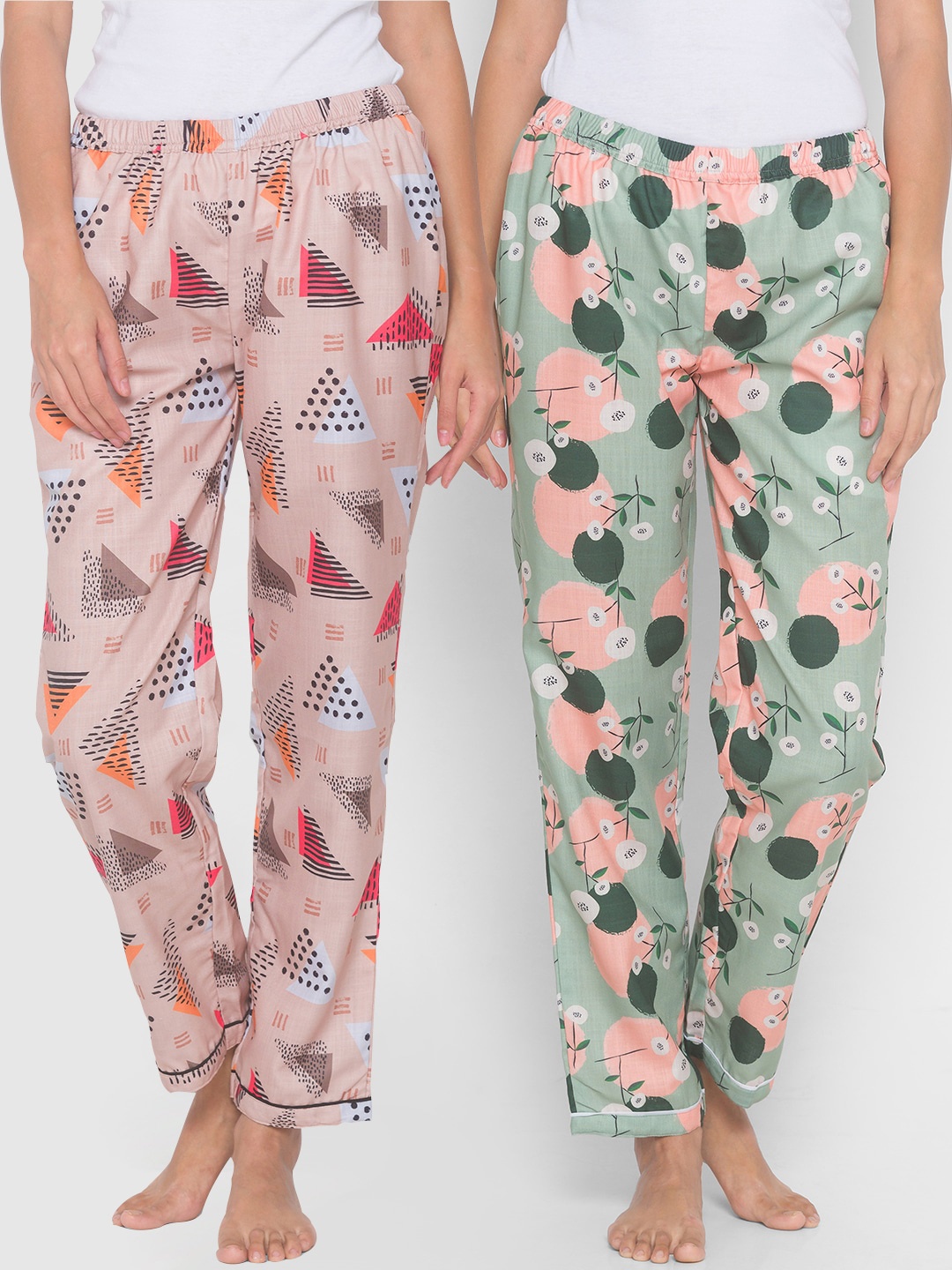 

FashionRack Women Pack of 2 Beige & Green Printed Lounge Pants