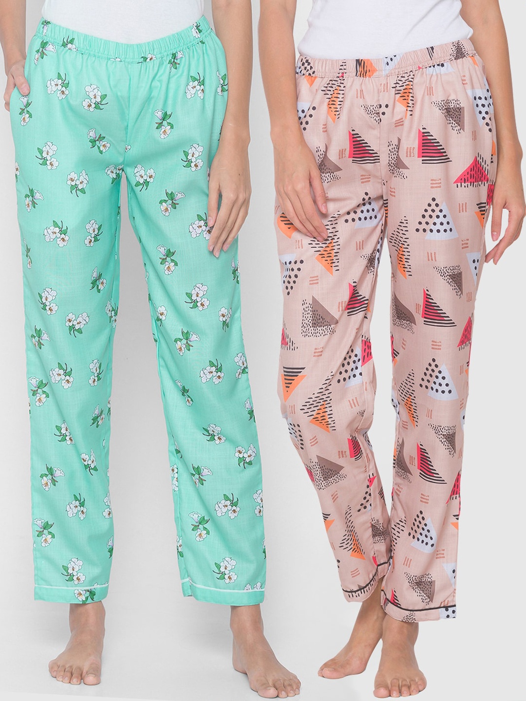 

FashionRack Women Beige & Blue Pack of 2 Printed Cotton Lounge Pants