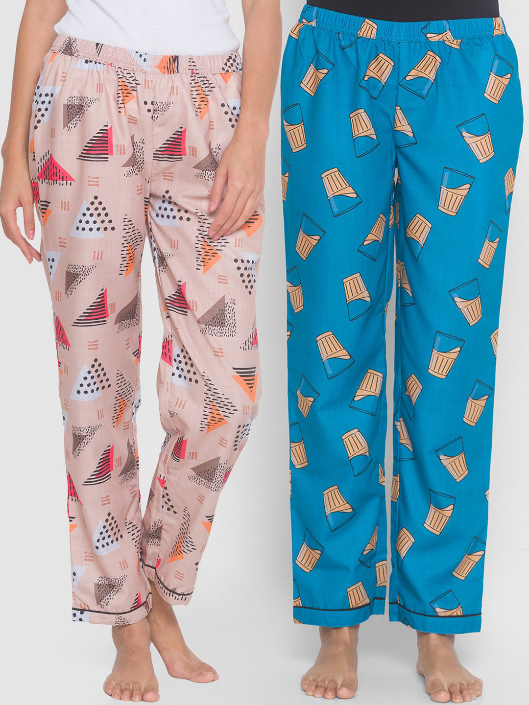 

FashionRack Women Beige & Blue Pack of 2 Cotton Printed Lounge Pants