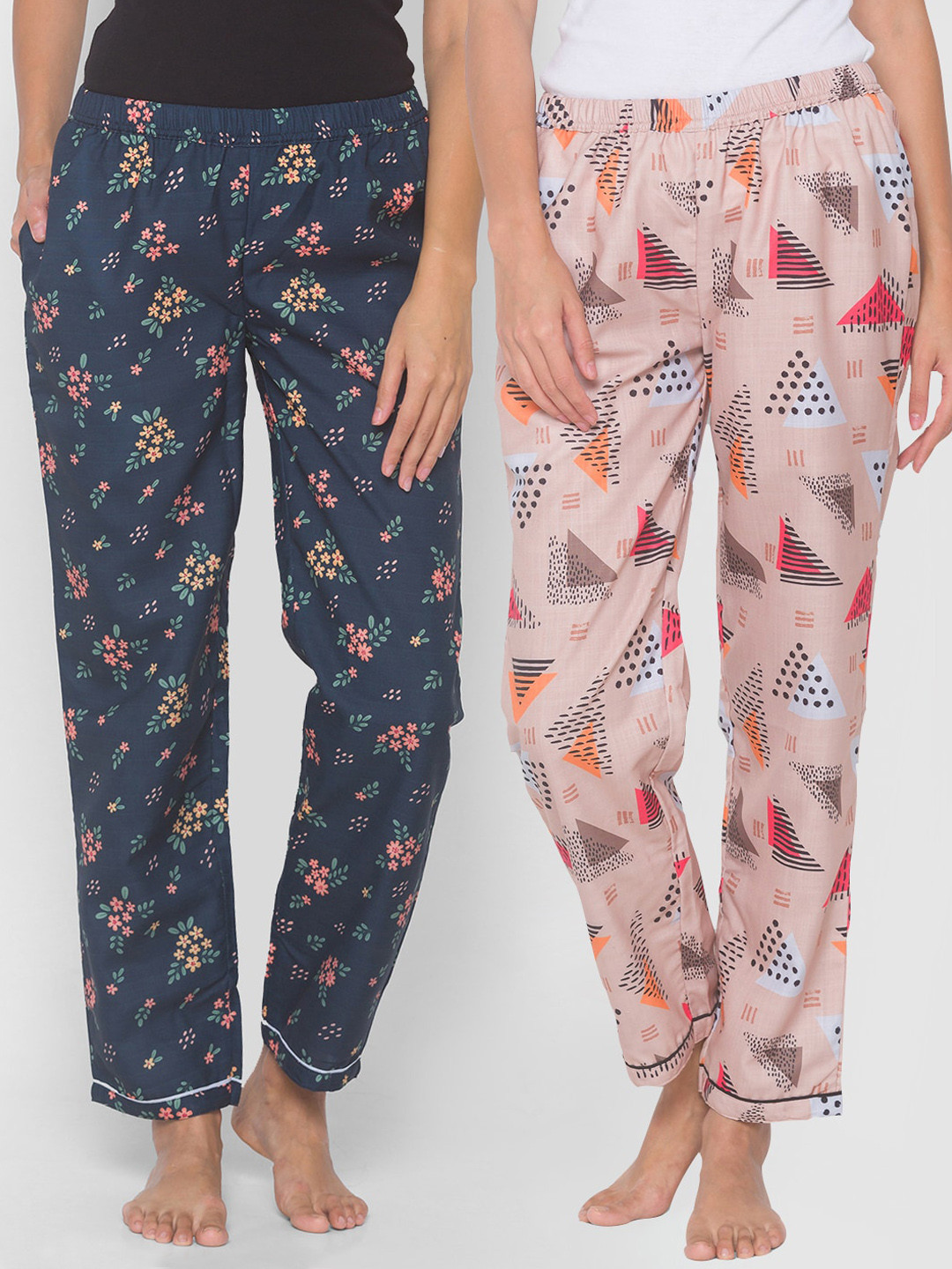 

FashionRack Women Pack of 2 Beige & Navy Blue Cotton Printed Lounge Pants