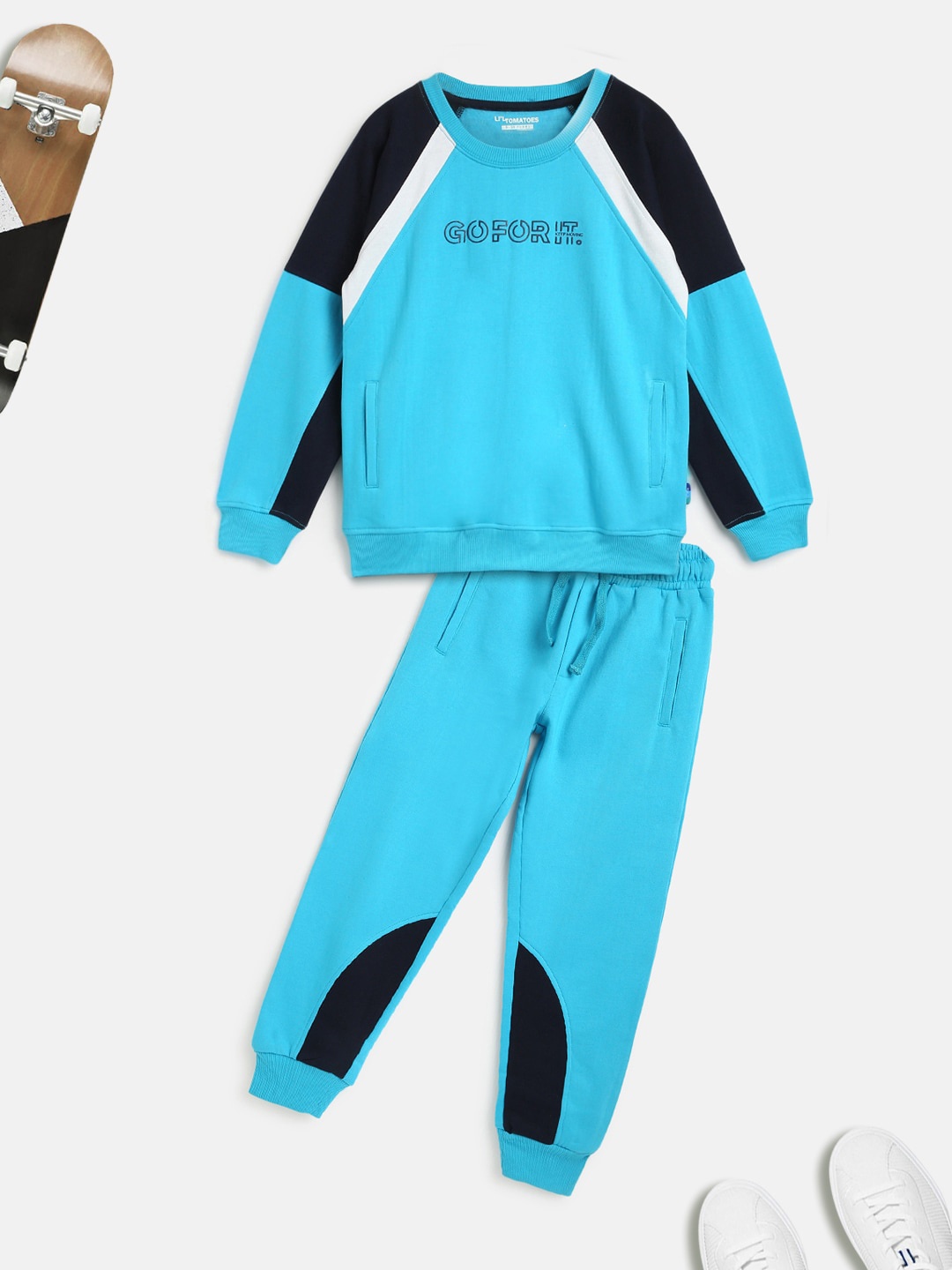 

Lil Tomatoes Boys Blue & Black Solid Pure Cotton Track Suit