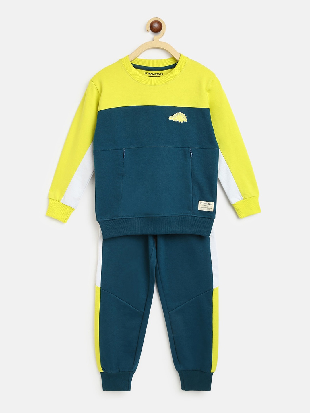 

Lil Tomatoes Boys Teal-Blue & Yellow Colourblocked Pure Cotton Tracksuits