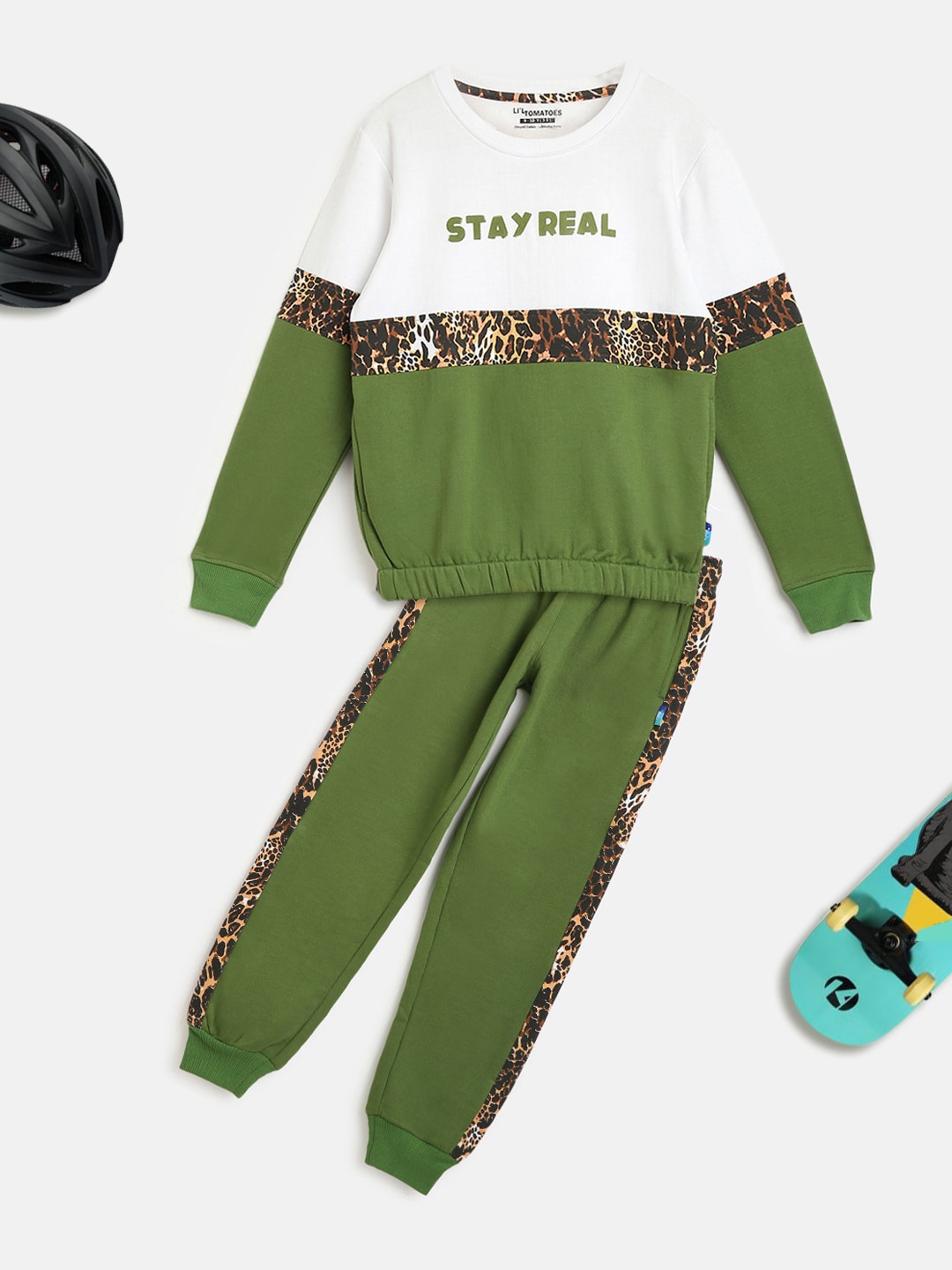 

Lil Tomatoes Girls Olive-Green & White Colourblocked Pure Cotton Tracksuits