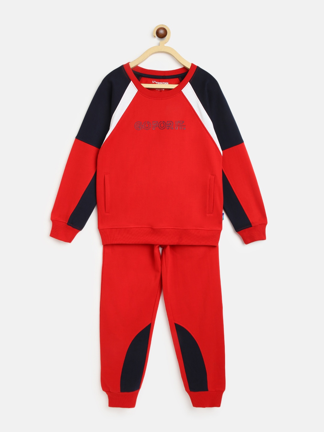 

Lil Tomatoes Boys Red & Black Solid Pure Cotton Track Suit