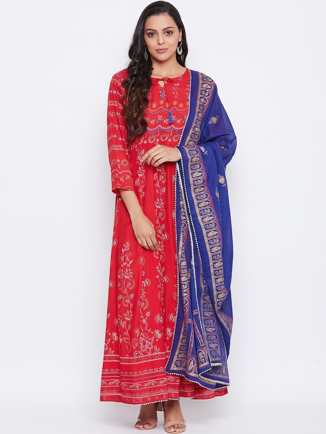 

Prakhya Women Red & Blue Floral Printed Regular Kurta with Palazzos & Dupatta