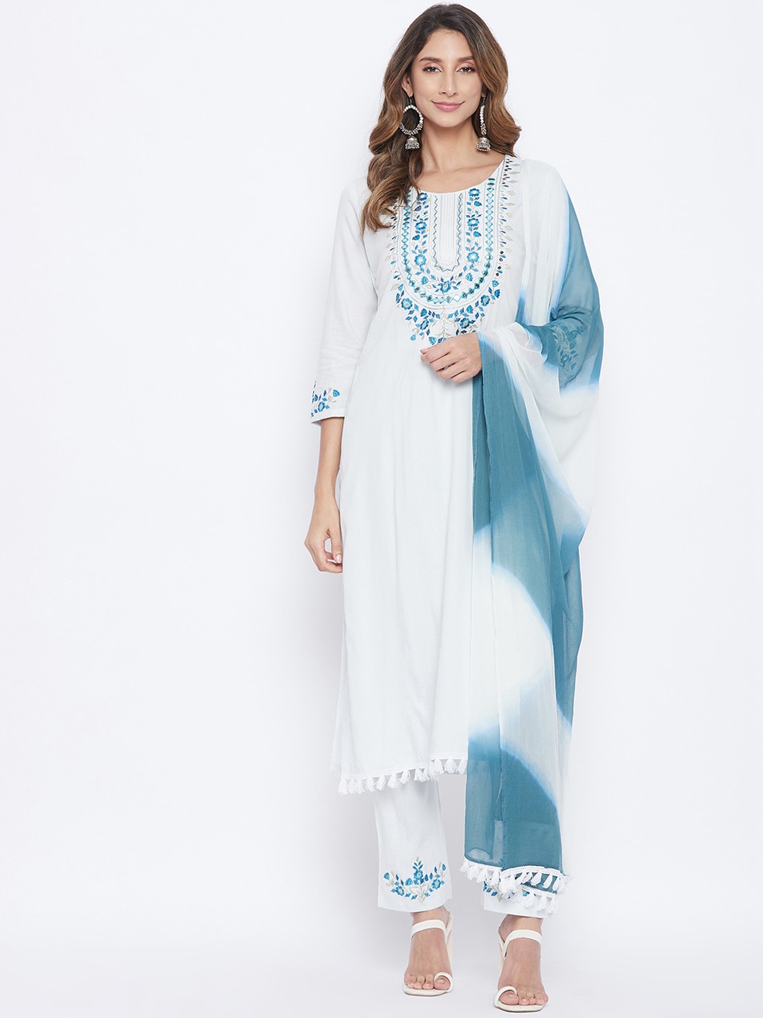 

Prakhya Women White Ethnic Motifs Embroidered Kurta with Trousers & With Dupatta