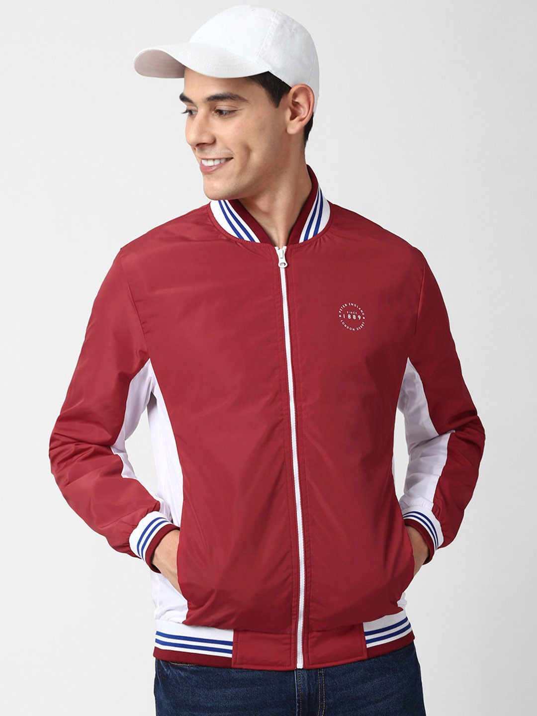 

Peter England Casuals Men Red & White Colourblocked Bomber Jacket