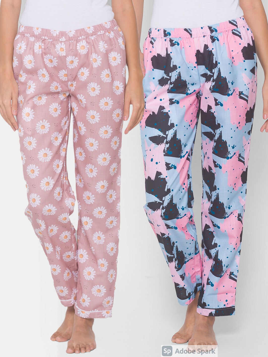 

FashionRack Women Pack of 2 Pink & Blue Cotton Printed Lounge Pants