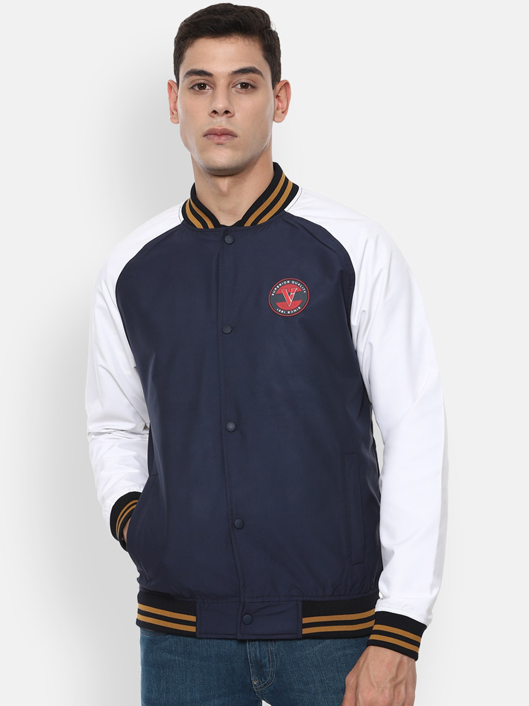 

Van Heusen Sport Men Navy Blue Colourblocked Varsity Jacket with Embroidered