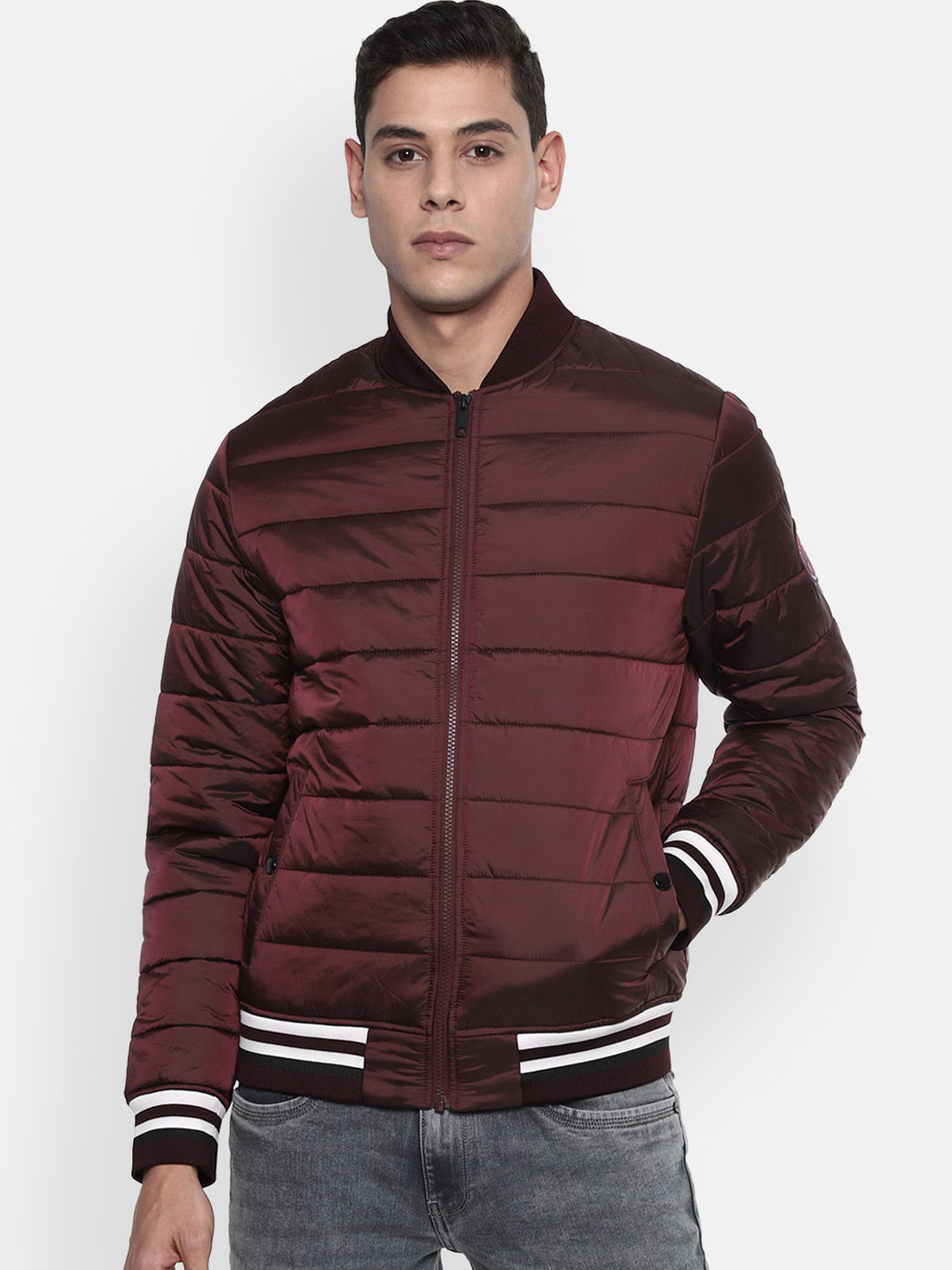 

Van Heusen Sport Men Maroon Striped Bomber Jacket
